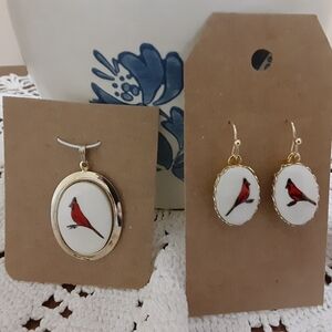 Cardinal Pendant and Earrings
